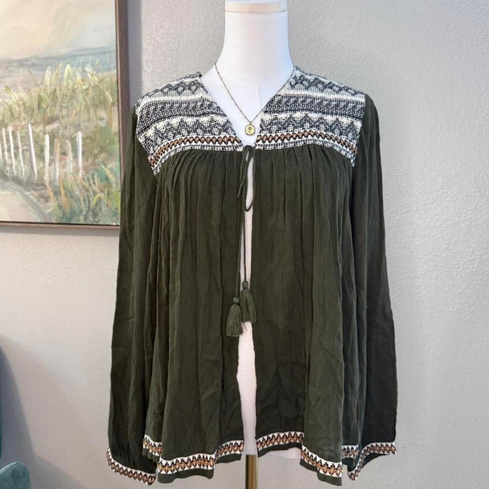 Boho Peasant Top – Olive Green Embroidered Tassel Blouse -‎ S